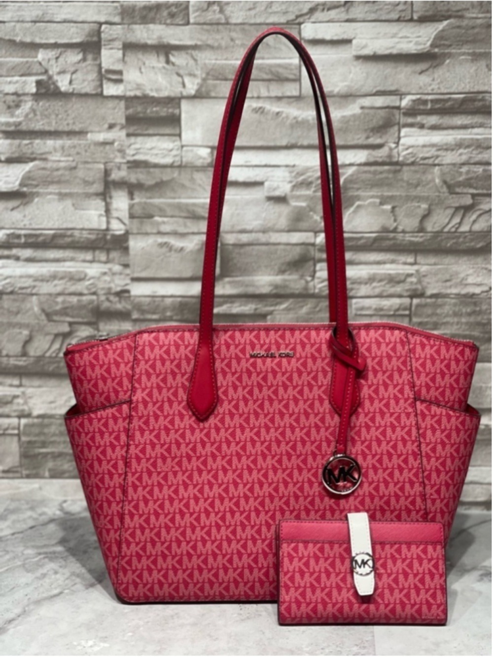 Michael Kors Marilyn Tote & Matching Wallet MK Logo Dark Raspberry